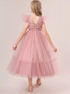 Robes de fille de fleur blanche Robes d'occasion spéciale Tulle blanc manches courtes col bijou robes de fille de fleur