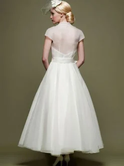 Robes de mariée courtes 2026 col en V manches courtes A-ligne cheville longueur robes de mariée personnalisation gratuite