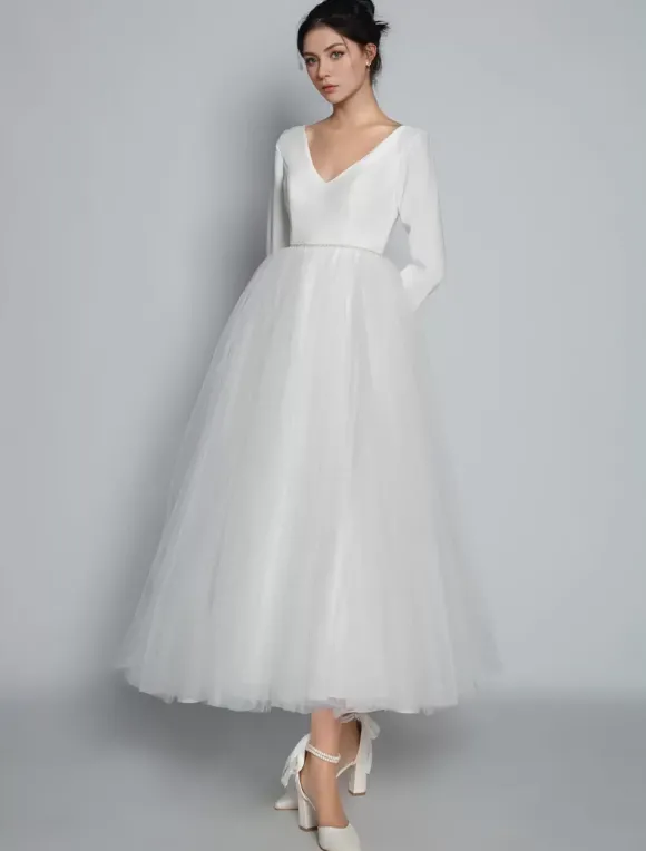 Robes de mariée courtes 2026 col en V manches longues A-ligne thé longueur robes de mariée personnalisation gratuite