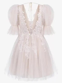 Robes de mariée courtes col en V manches courtes coupe trapèze en tulle