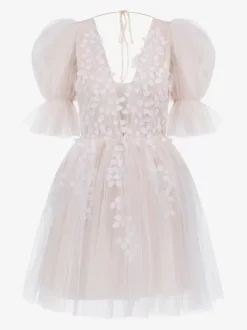 Robes de mariée courtes col en V manches courtes coupe trapèze en tulle