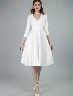 Robes de mariée courtes col en v manches 3/4 longueur longueur genou robe de mariage