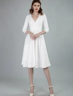 Robes de mariée courtes col en v manches 3/4 longueur longueur genou robe de mariage