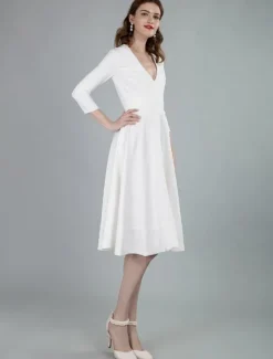 Robes de mariée courtes col en v manches 3/4 longueur longueur genou robe de mariage