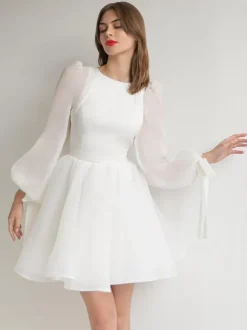 Robes de mariée courtes en organza à col rond et manches longues et taille naturelle