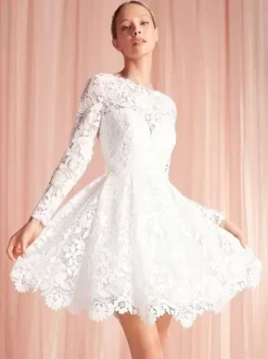 Robes de mariée courtes longueur genou col bijou manches longues coupe trapèze taille naturelle dentelle robe de mariée courte