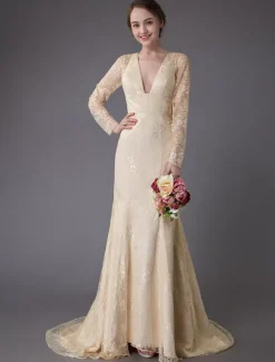 Robes de mariée dentelle robe de mariée col V manches longues dos nu sirene avec train