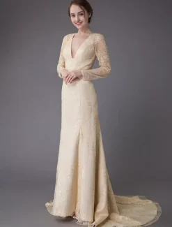 Robes de mariée dentelle robe de mariée col V manches longues dos nu sirene avec train