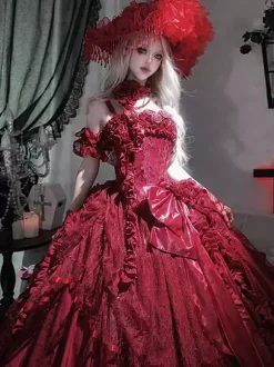 Robes de mariée gothiques Lolita à volants et n艙uds robe rouge et blanche
