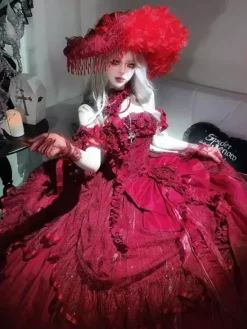 Robes de mariée gothiques Lolita à volants et n艙uds robe rouge et blanche
