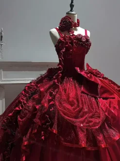 Robes de mariée gothiques Lolita à volants et n艙uds robe rouge et blanche