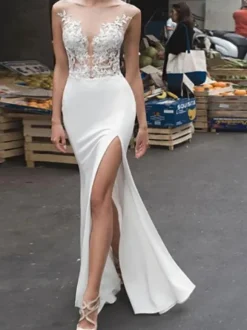 Robes de Mariée Robe Sirène à Fente Sans Manches Dos Nu Robe Décolletée Robe de Mariage