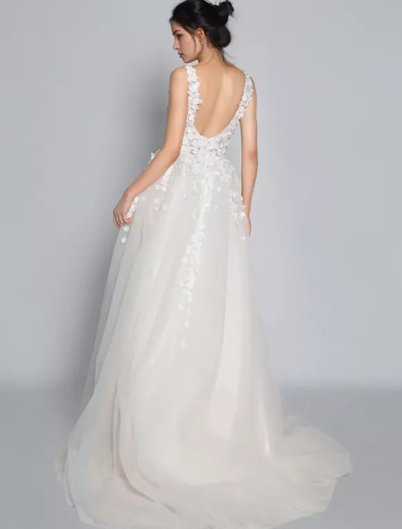 Robes de mariée rose en tulle col V dos nu décoré des fleurs à traîne