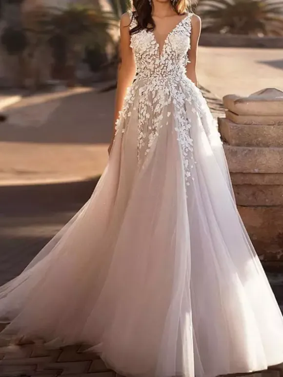 Robes de mariée rose en tulle col V dos nu décoré des fleurs à traîne
