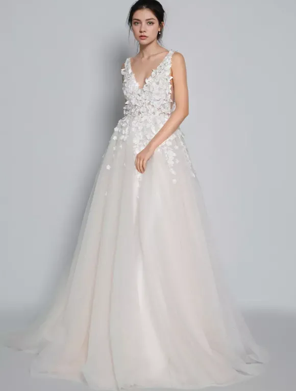 Robes de mariée rose en tulle col V dos nu décoré des fleurs à traîne