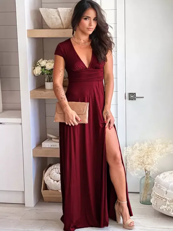 Robes De Soirée Bordeaux Col En V Fendu Manches Courtes Robe Semi-Formelle