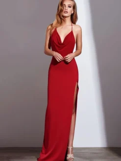 Robes de Soirée Femmes Longues avec Bretelles à Col Décolleté en V avc Dos Nu Coupe Cintrée Fente Latérale Unicolore Robes Etés Sexy