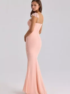 Robes de soirée longues sans manches à bretelles décolleté sexy robes roses