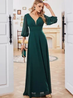 Robes De Soirée Robe Semi-Formelle Plissée À Manches Longues Col En V Vert Foncé