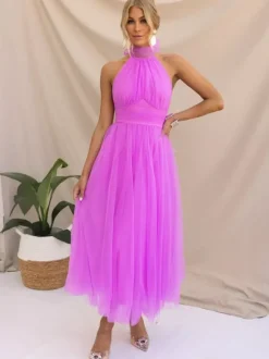 Robes De Soirée Robe Semi-formelle Violette Plissée À Col Haut Sans Manches