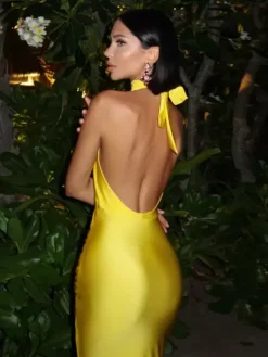 Robes De Soirée Robe Semi-Formelle Jaune Sans Manches À Col En V Col Haut