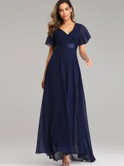 Robes De Soirée Robes De Bal En Mousseline De Soie Col En V Manches Courtes Robe Maxi Semi-formelle Robe Vert Sauge