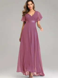 Robes De Soirée Robes De Bal En Mousseline De Soie Col En V Manches Courtes Robe Maxi Semi-formelle Robe Vert Sauge