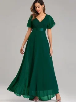 Robes De Soirée Robes De Bal En Mousseline De Soie Col En V Manches Courtes Robe Maxi Semi-formelle Robe Vert Sauge