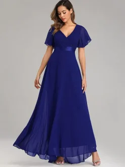 Robes De Soirée Robes De Bal En Mousseline De Soie Col En V Manches Courtes Robe Maxi Semi-formelle Robe Vert Sauge