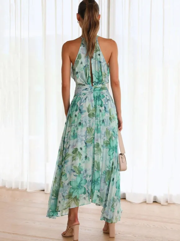 Robes Fleuri Maxi Imprimées Floral Sans Manches Élégantes Couches Plissées Dos Nu Longues Robes D'été