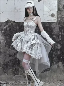 Robes gothiques Lolita à lacets et volants imprimé floral écru et blanc JSK