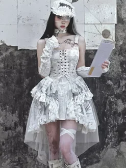 Robes gothiques Lolita à lacets et volants imprimé floral écru et blanc JSK