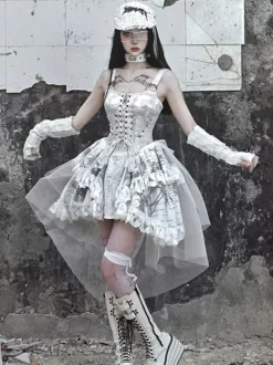 Robes gothiques Lolita à lacets et volants imprimé floral écru et blanc JSK