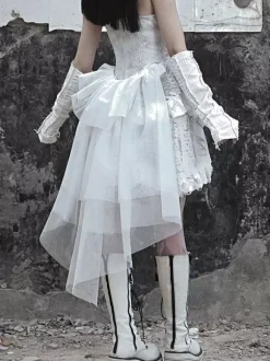 Robes gothiques Lolita à lacets et volants imprimé floral écru et blanc JSK