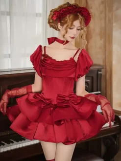 Robes gothiques Lolita à n艙uds et volants rouges