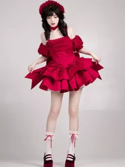 Robes gothiques Lolita à n艙uds et volants rouges