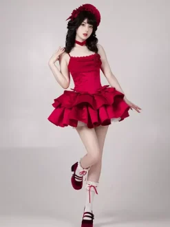 Robes gothiques Lolita à n艙uds et volants rouges