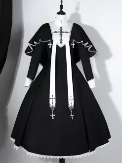 Robes gothiques Lolita à volants et blocs de couleurs croisés Noir Noir