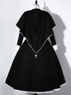 Robes gothiques Lolita à volants et blocs de couleurs croisés Noir Noir