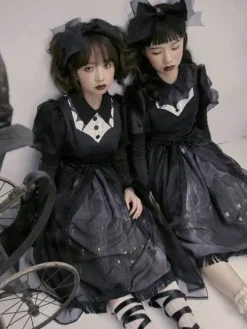Robes gothiques Lolita à volants et n艙uds imprimé floral noir et noir