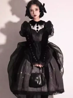 Robes gothiques Lolita à volants et n艙uds imprimé floral noir et noir