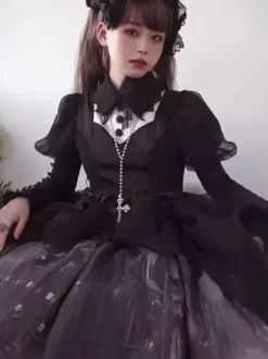 Robes gothiques Lolita à volants et n艙uds imprimé floral noir et noir