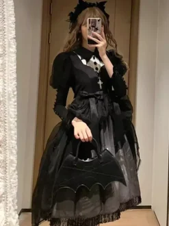Robes gothiques Lolita à volants et n艙uds imprimé floral noir et noir