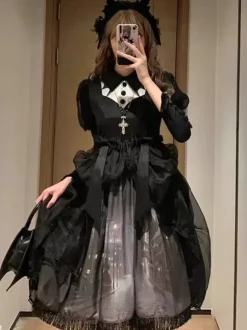 Robes gothiques Lolita à volants et n艙uds imprimé floral noir et noir