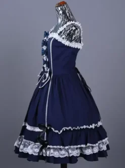 Robes gothiques Lolita à volants et n艙uds Bloc de couleurs Bleu Bleu