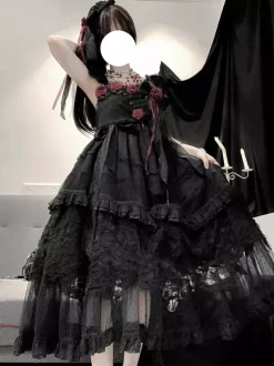 Robes gothiques Lolita à volants et fleurs noires Hime Lolita JSK