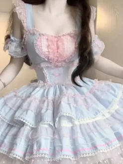 Robes gothiques Lolita à volants à pois rose vert