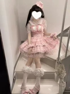 Robes gothiques Lolita à volants à pois rose vert