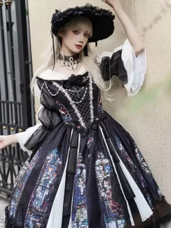 Robes Gothiques Lolita Dentelle Perles Jacquard Noir Noir