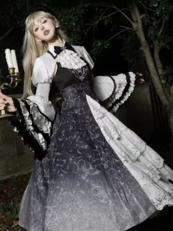 Robes gothiques Lolita en dentelle à imprimé floral noir noir